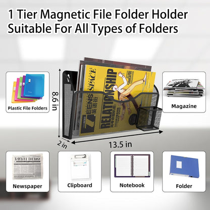 Magnetic File Holder 1 Pockets File Folder Organizer with Pen Holder, Office Hanging Magazine Rack for File Cabinets, Magnetic Paper Holder, No Drilling Mail Organizer for Refrigerator, Office (Black)