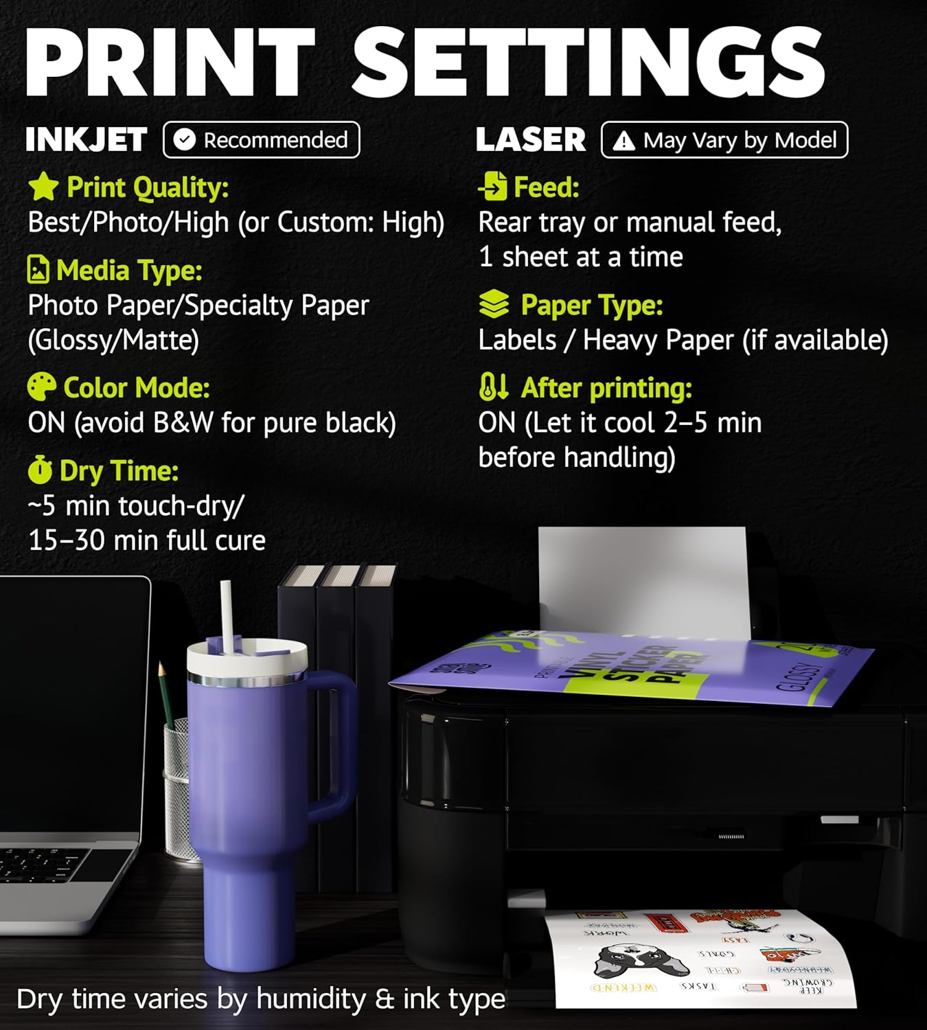 Premium Printable Vinyl Sticker Paper for Inkjet Printer and Laser - 20 White Matte Sticker Paper Waterproof - Durability Adhesive Paper 8.5 x 11, Fast Dry, Holds Ink Well, Great for Cutting Machines