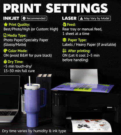 Premium Printable Vinyl Sticker Paper for Inkjet Printer and Laser - 20 White Matte Sticker Paper Waterproof - Durability Adhesive Paper 8.5 x 11, Fast Dry, Holds Ink Well, Great for Cutting Machines