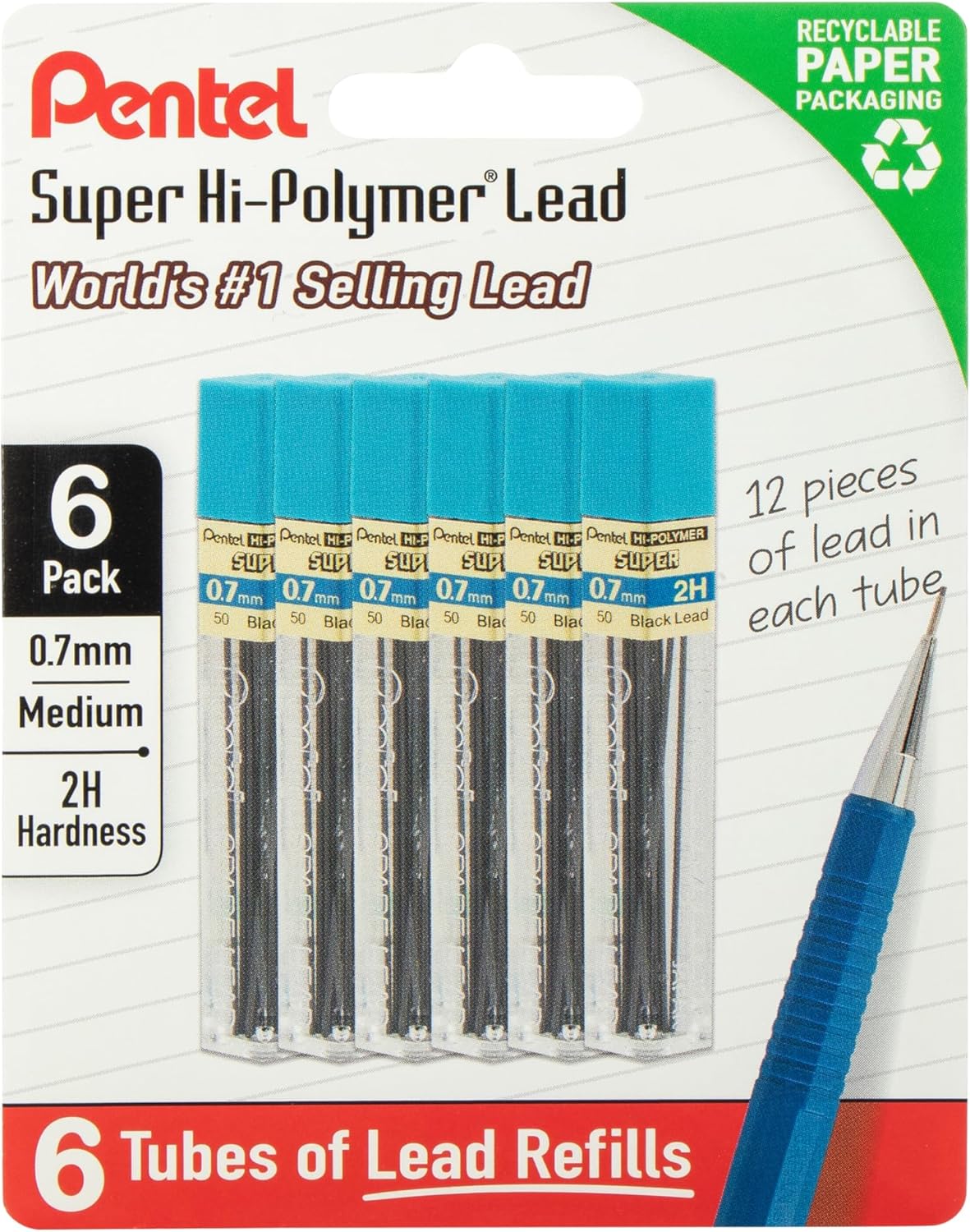Pentel Super Hi-Polymer Lead Refills, 0.7 mm, 2B, 72 Pieces (12 pcs per tube, 6 tubes)