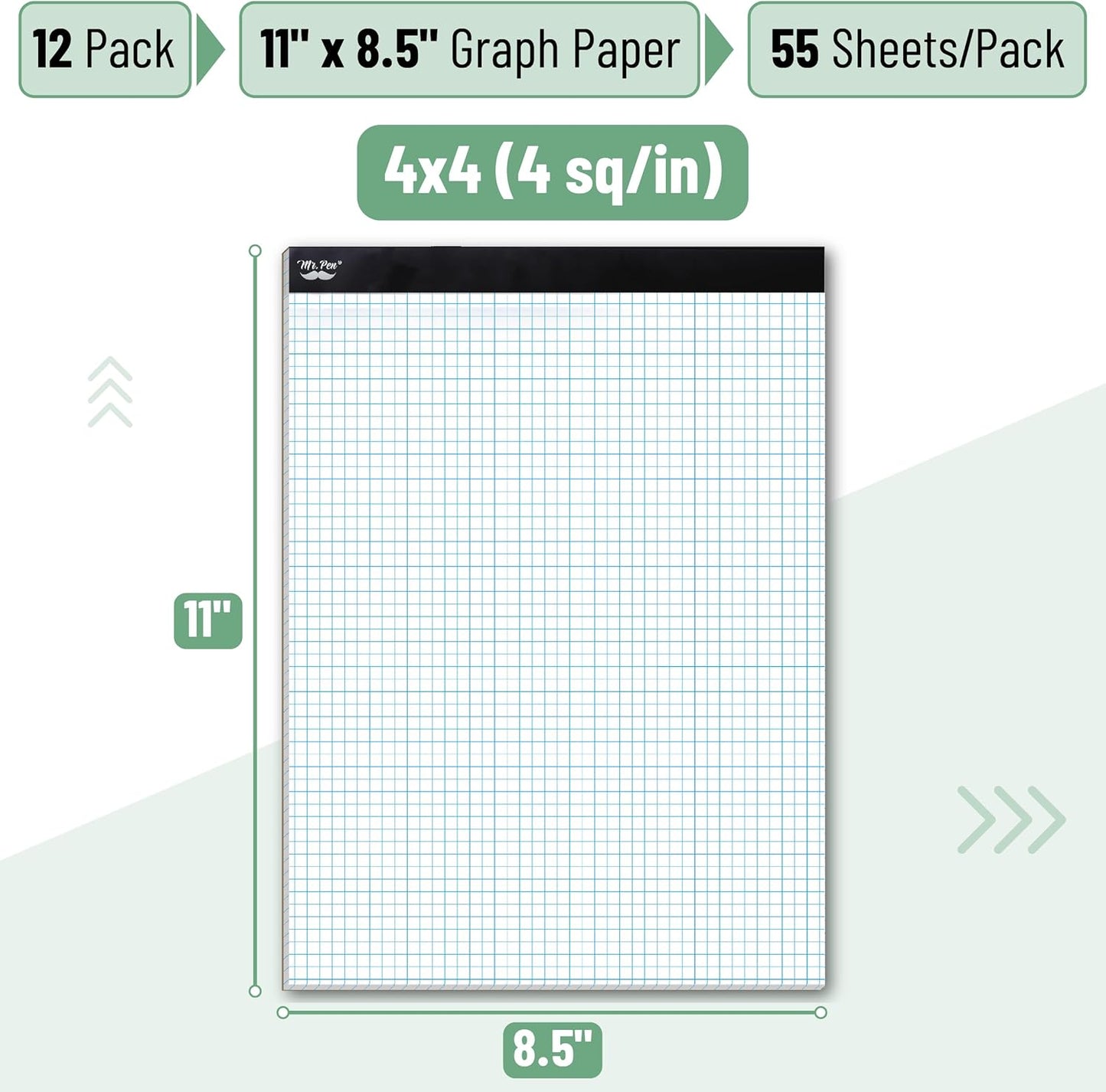 Mr. Pen- Graph Paper, 12 Pack, 55 Sheets/Pack, 8.5"x11", 4x4 (4 Squares Per Inch), Math Graph Paper Pad, Computation Pads Bulk