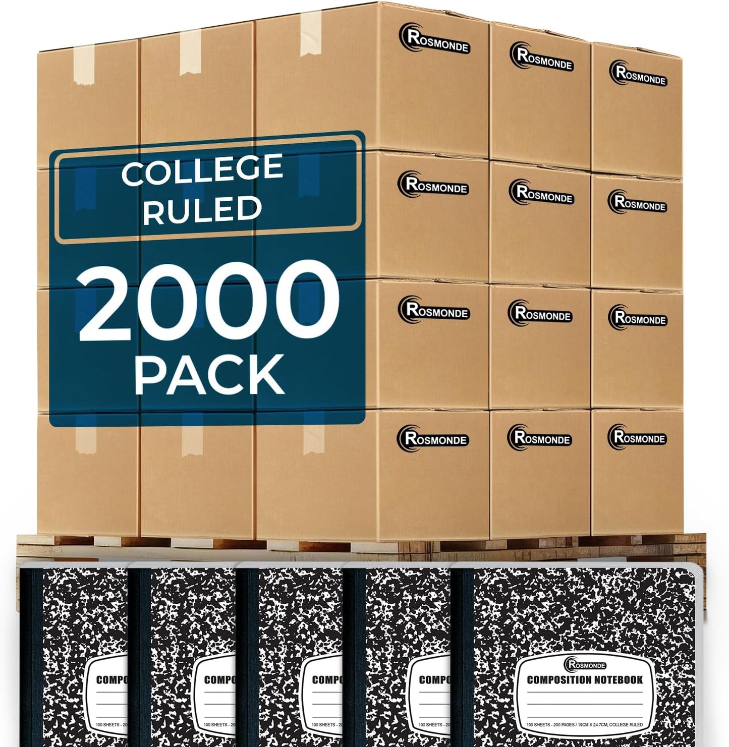 Rosmonde 50 Pack Bulk Composition Notebooks, College Ruled Notebook, 200 Pages (100 Sheets), 9-3/4 x 7-1/2", Hard Cover, Black Marble Composition Journal Book, Bulk Notebooks for School & College