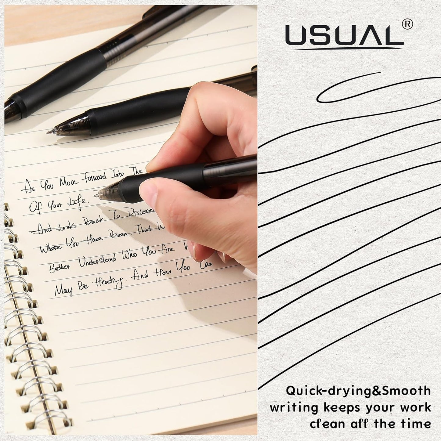 USUAL Gel Pens 0.5 mm,12 Pack Retractable Black Ink Pen Fine Point Rollerball Pens,Quick Dry Smooth Writing,No Bleed for Journaling Note Taking, Home School Office Supplies