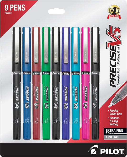 Pilot Precise V7 Capped Liquid Ink Rollerball Pens, Fine Point Ink Pens 0.7 mm, Colored Pens, Limited Edition Assorted Colors, Pack of 9 - Ideal for School, Journaling, & Office Writing