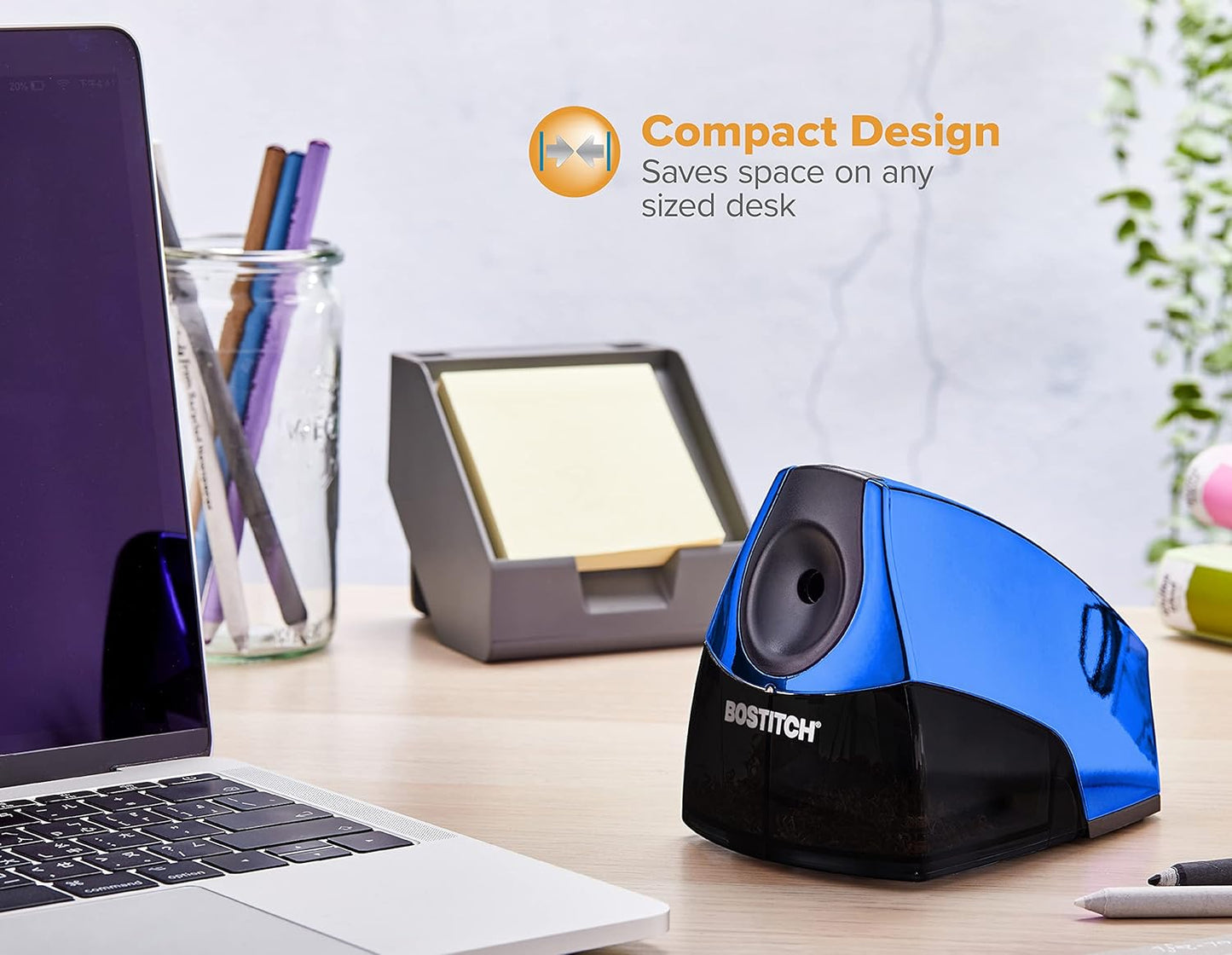 Bostitch Office Electric Pencil Sharpener for Classroom & Desk Use, Heavy-Duty Stall-Free Motor, High-Capacity Shavings Tray, Blue