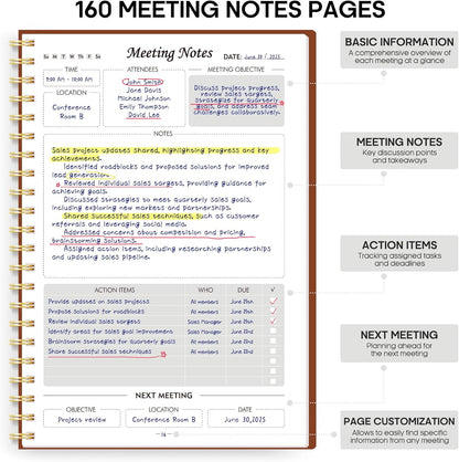 Taja Meeting Notebook for Work Organization - Work Planner Notebook with Action Items, Agenda Planner for Note Taking, 160 Pages (6.9" X 9.9") Project Organizer for Men & Women - Blue