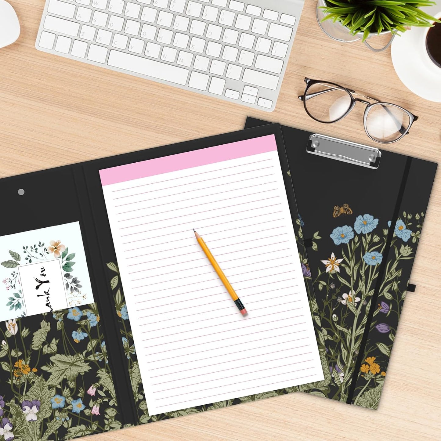 A4 Cute Clipboard Folio with Notepad Clipfolio and Interior Storage, Foldable Nursing Legal Size Clipboards for Work/Kids/Teachers - Almond Tree