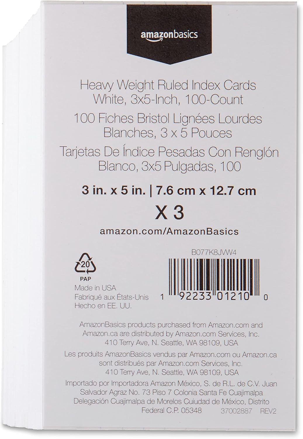 Amazon Basics Ruled Lined Index Cards for Study, Notes and Recipes, White, 3" x 5", 1,000 Count (10 Pack of 100)