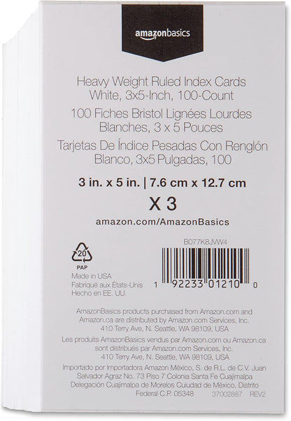 Amazon Basics Ruled Lined Index Cards for Study, Notes and Recipes, White, 3" x 5", 1,000 Count (10 Pack of 100)