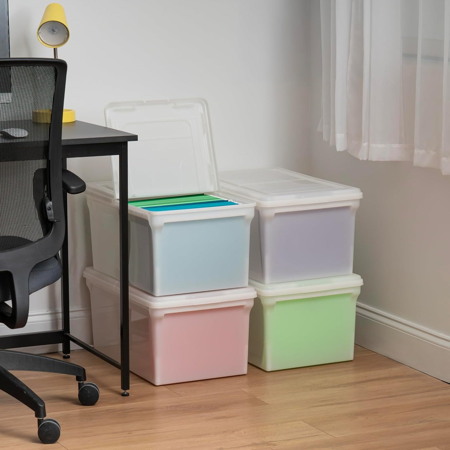 IRIS USA File Box, File Organizer w/Hinged Split Lid for Letter File, Important Document Box, Plastic Storage Filing Bin for Moving, Stackable Nestable Portable, Pearl 44 Qt. 4 Pack