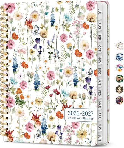 Planner 2026-2027, Academic Year Monthly and Weekly Calendar Planner, Jul 2026 - Jun 2027, Hardcover Teacher Student Planning Agenda book with Tabs, Perfect for School Office Supplies, 6.3" x 8.5" - Wildflowers