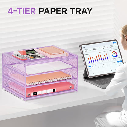Lavatino 3-Tier Letter Tray Desk Organizer, Mesh Metal Paper File Tray Organizer for Desk, Office Supplies & Home Organization, Fits A4 Paper, Mail, Magazines & Office Accessories (Black with Handle)