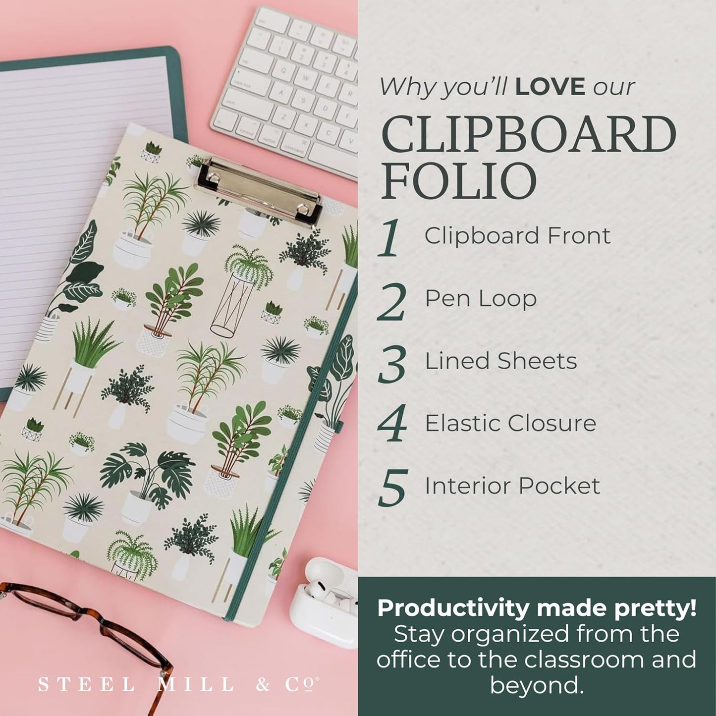 Steel Mill & Co Cute Clipboard Folio with Refillable Lined Notepad and Interior Storage Pocket, Floral Padfolio for Work, Garden Blooms Cream