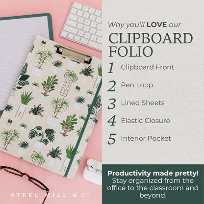 Steel Mill & Co Cute Clipboard Folio with Refillable Lined Notepad and Interior Storage Pocket, Floral Padfolio for Work, Garden Blooms Cream