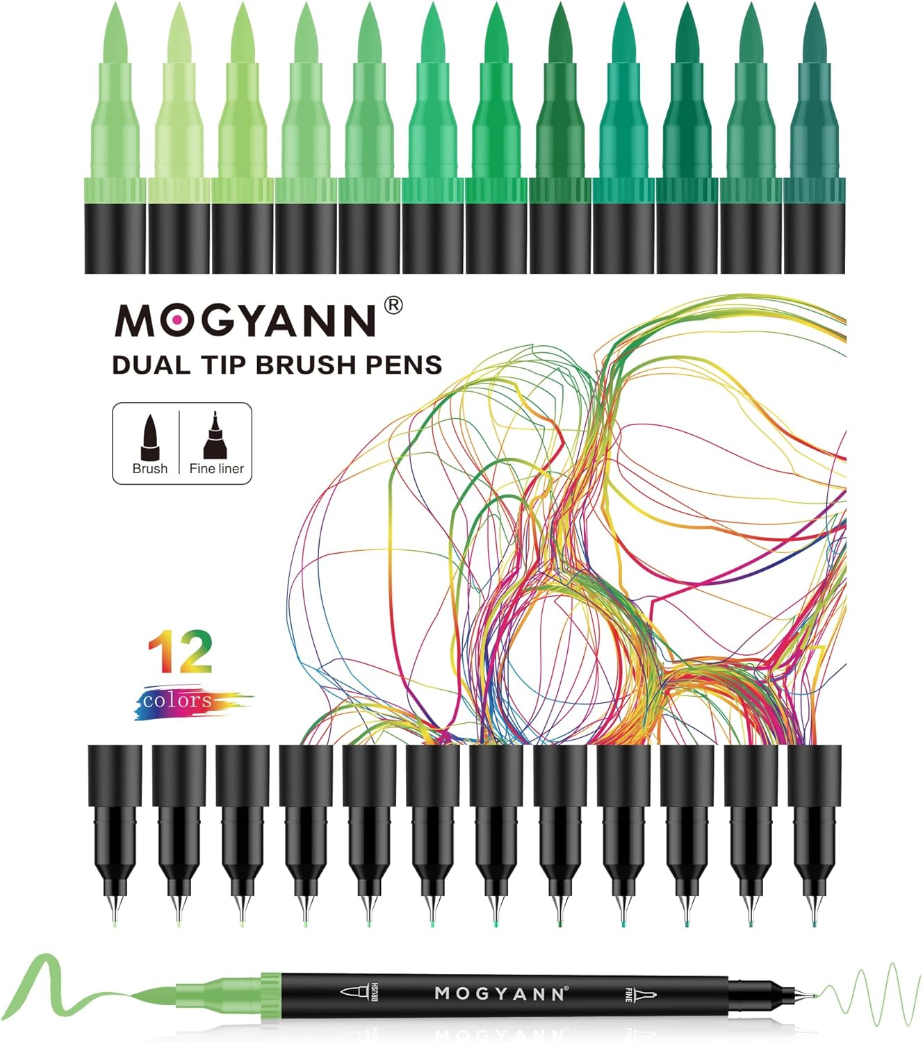 Mogyann Drawing Pens, 12 Pack Dual Brush Pens Black Markers for Art Drawing Sketching