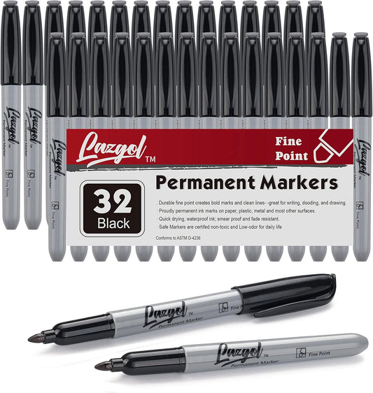 LAZGOL Permanent Markers Bulk, Ultra Fine Point, 32 Assorted Colors 0.4 mm Permanent Marker set, Felt Tip Pens Works on Plastic, Wood, Stone, Metal and Glass for Doodling, Marking