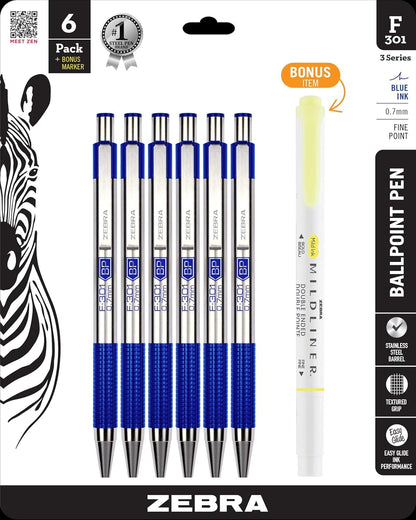 Zebra Pen F-301 Ballpoint Black, Blue, Red and Green Ink, Fine Point 0.7mm Pen, Easy-Glide Ink, Stainless Steel Retractable, Non-Slip Grip, Professional Design, Ideal for Office, 4-Pack (27174)