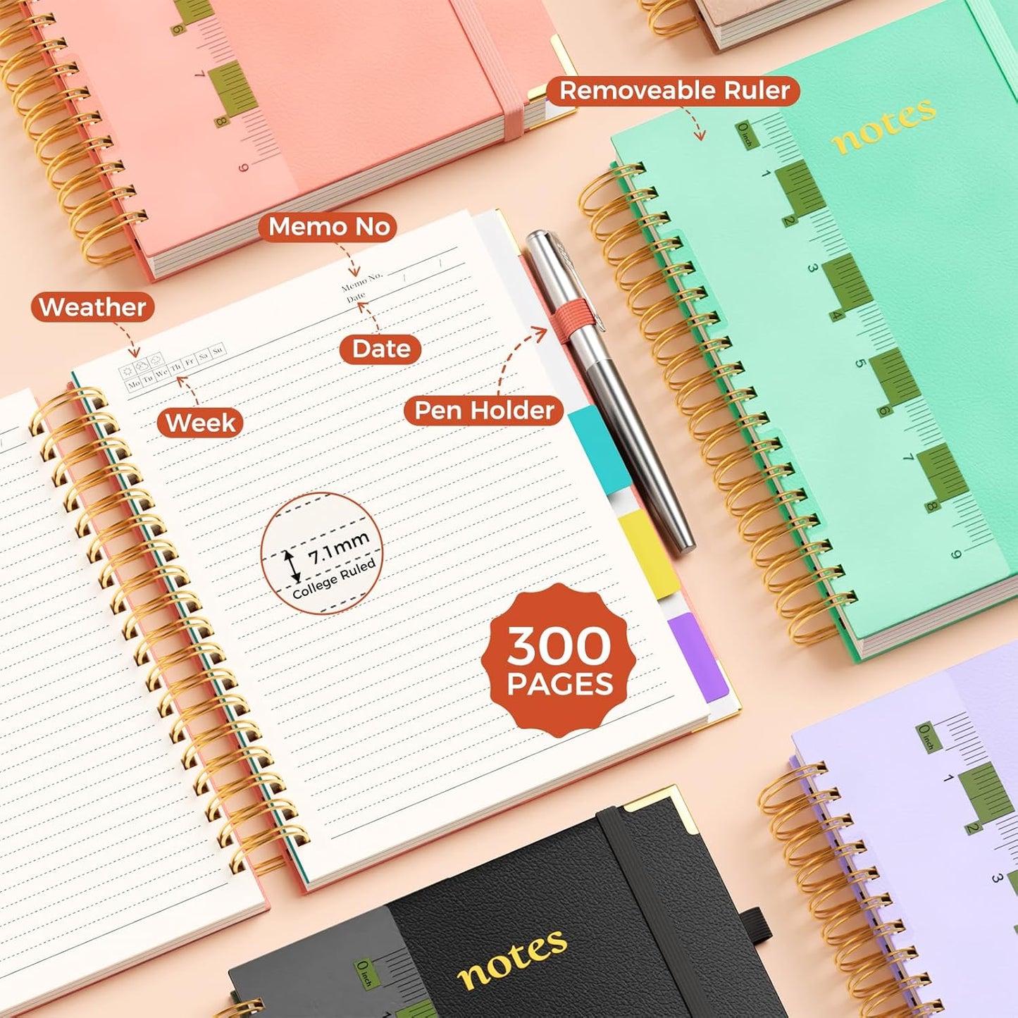 Line Hardcover Spiral Notebook with Removable Dividers Tabs & Ruler, 5 Subject Notebook College Ruled, 300 Page, Large 8"x10" B5 Notebooks for Work School, Lined Journal for Women & Men, Purple