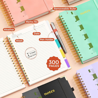 Line Hardcover Spiral Notebook with Removable Dividers Tabs & Ruler, 5 Subject Notebook College Ruled, 300 Page, Large 8"x10" B5 Notebooks for Work School, Lined Journal for Women & Men, Purple