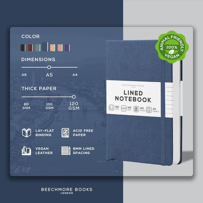 BEECHMORE BOOKS Large Lined Journal Notebook, 8.5" x 11.5" (A4) Hardcover Vegan Leather Executive Diary for Work, Thick 120gsm Paper, Lay-Flat Binding, Gift Box