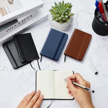 Qeeenar 10 Pcs Mini Black Brown Blue Leather Pocket Notebook Bulk, 4 x 2.5 Inch Small Journal Note Book, 50 Sheets Hardcover Tiny Notepad Lined for Office Home School Writing Supplies