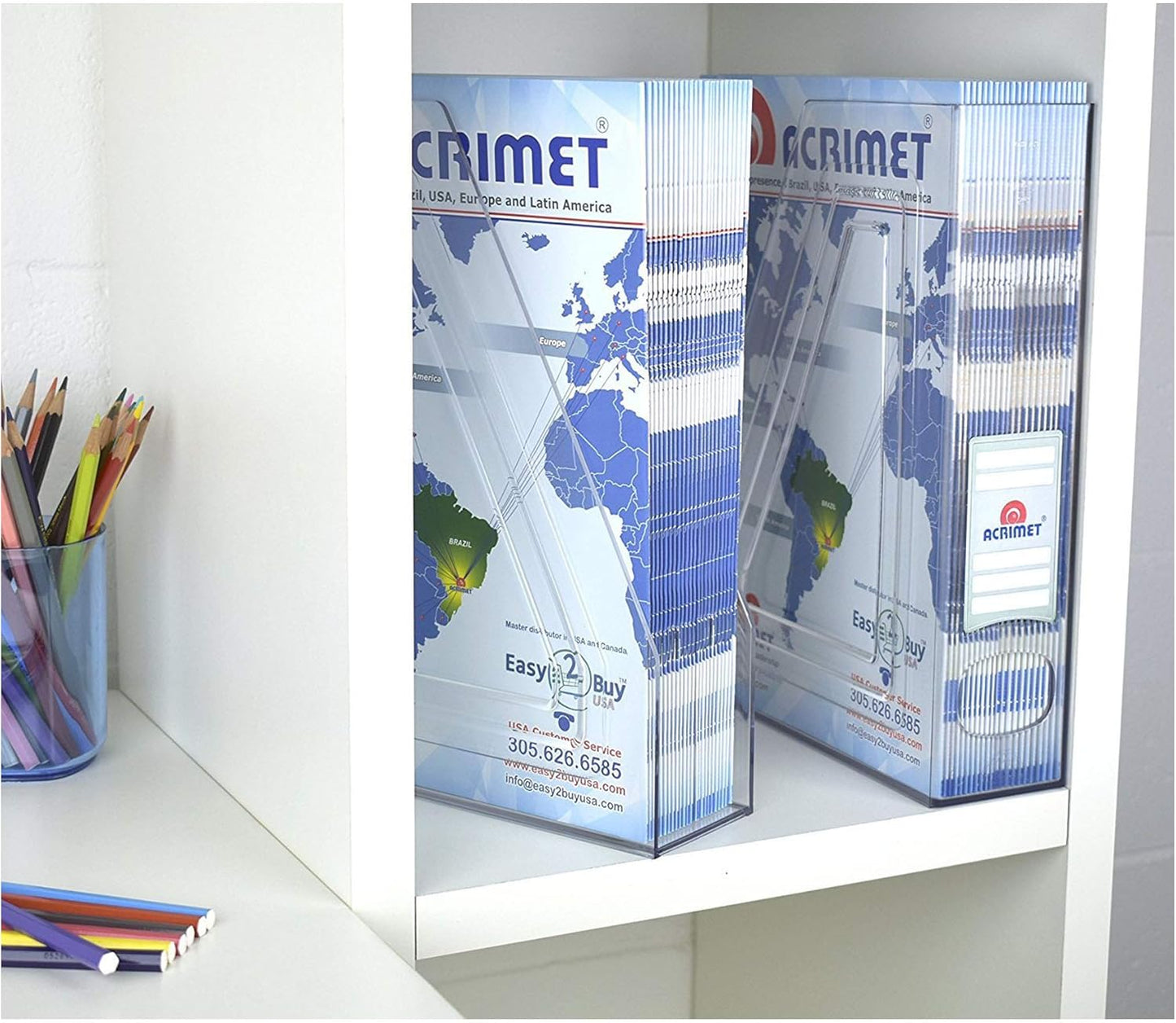 Acrimet Magazine File Holder Bin Storage, Vertical Rack for Documents, Folders and Mail, Durable Plastic Desk Organizer for Office & Home (Clear Crystal) (2 Pack)