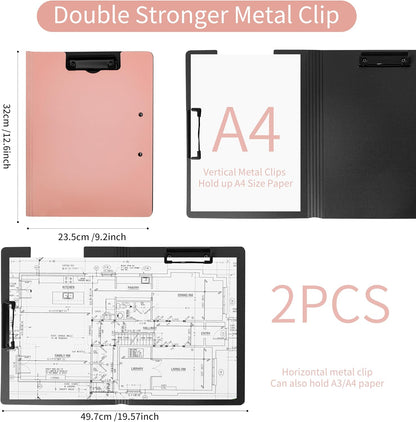 souG 2 PCS Clipboard Foldable,360°Cover Folder Clipboard Plastic Clipboards with Double Low Profile Clip,File Folder Storag Clipboards for A3 A4 Paper, Clip Boards for Office School Supplies(Pink)