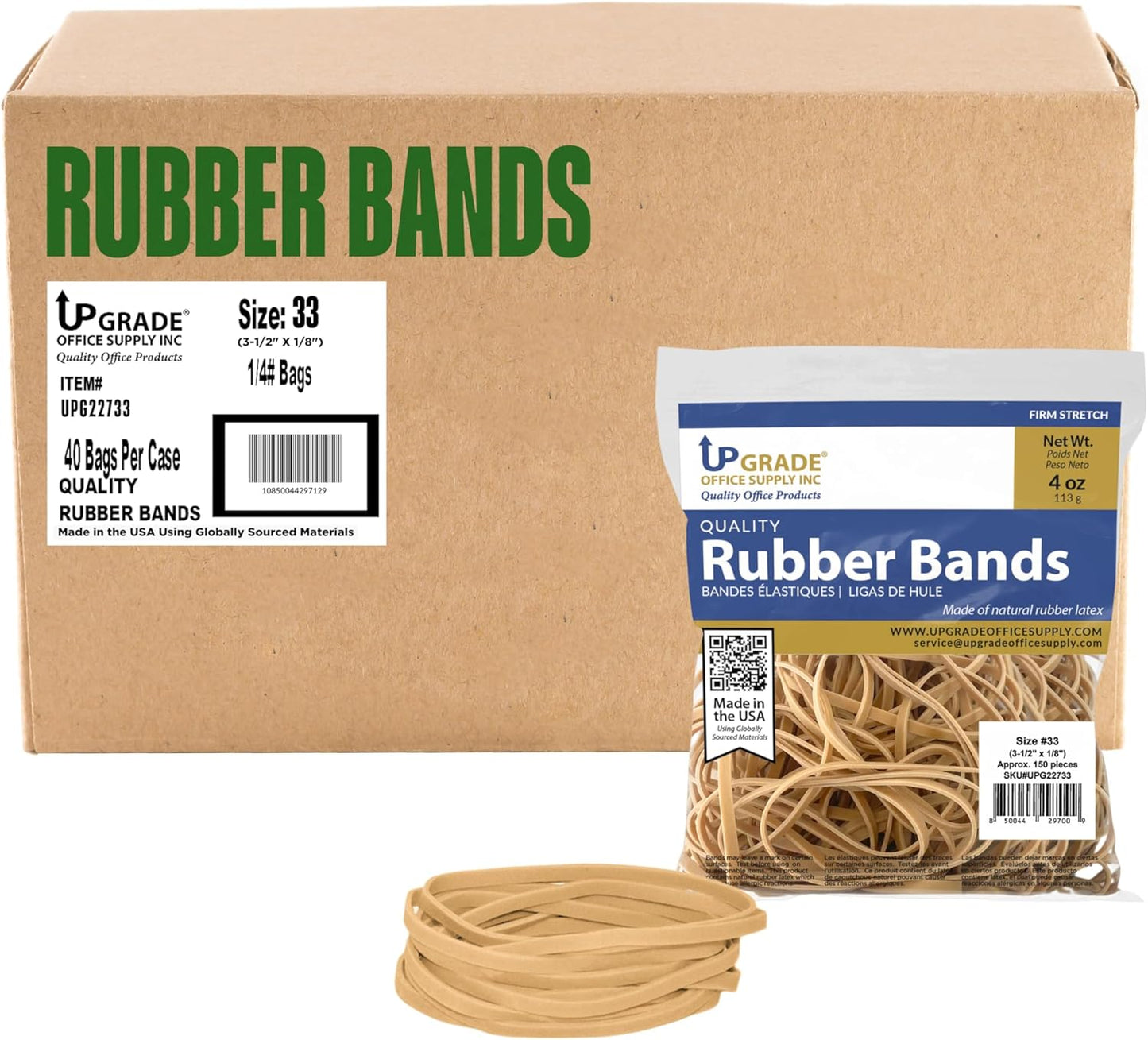 Upgrade Office Supply UPG22733 Rubber Bands, Size #33 (3-1/2” x 1/8”), 150 Bands, 1/4 lb, USA