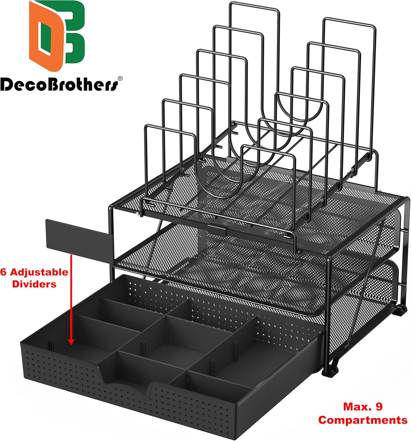 Deco Brothers Desktop File Organizer with Double Tray and 5 Folder Stand, Silver