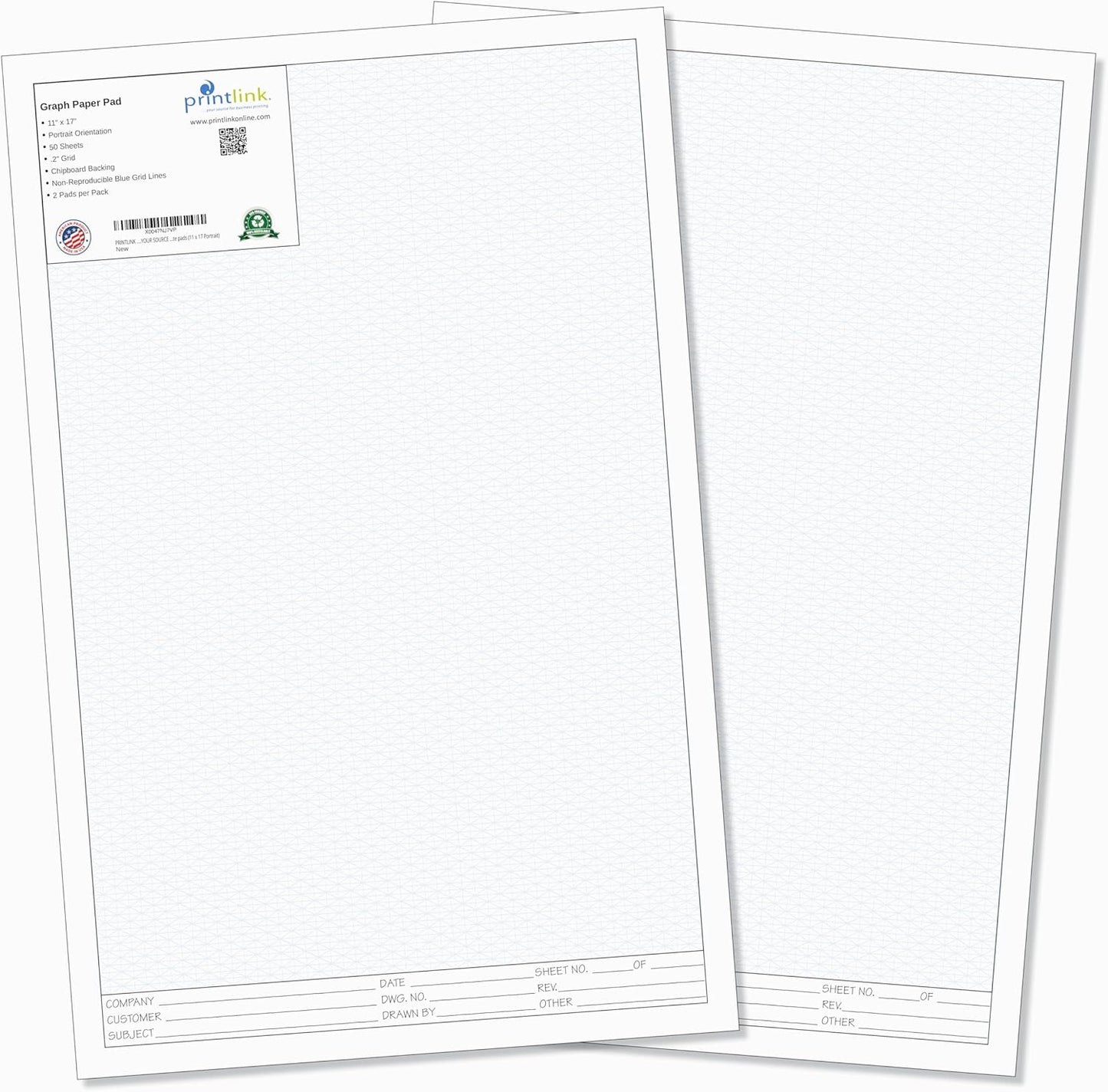 Printlink 11"x 8 1/2" Engineering Graph Paper Pads (2-Pack) – 1/4" Blue Grid Drafting Sheets with Title Block – 50 Sheets Per Pad for Blueprints, Technical Drawing & Design