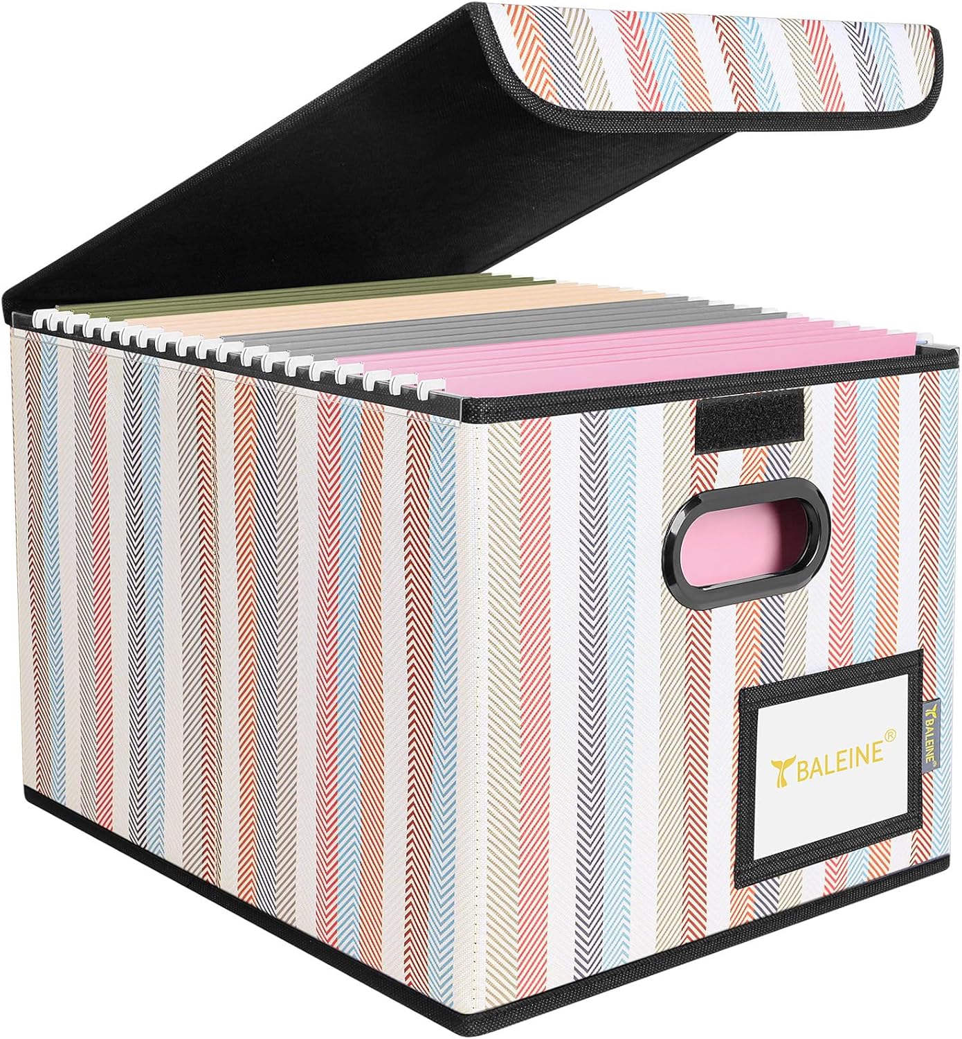 BALEINE File Organizer Box with Lid, Collapsible File Folder Organizer with Plastic Slide, Hanging File Folder Box for Office Document Storage (1 Pack, Black)