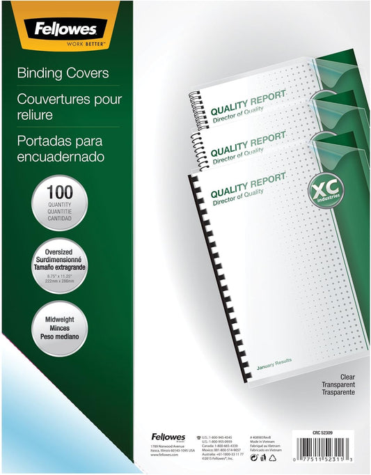 Fellowes Transparent PVC Binding Covers, Oversize, 100 Pack (52311)