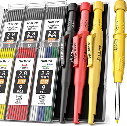 Nicpro 6 Pack CP3000 Carpenter Pencils with Sharpener, Mechanical Pencil Set with 78 Refill, Heavy Duty Construction Pencil, Carpenter Tools for Architect Marking (Red,Black,Yellow,Orange,Green,Blue)