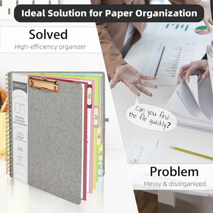 Ospelelf Foldable Spiral Clipboard Folio with Storage Zipper Pouch, 5 Plastic Folders with 10 Pockets,Refillable Lined Notepad (11" x 8.5"), Hardcover Project Organizer with 39 Stickers (Purple)