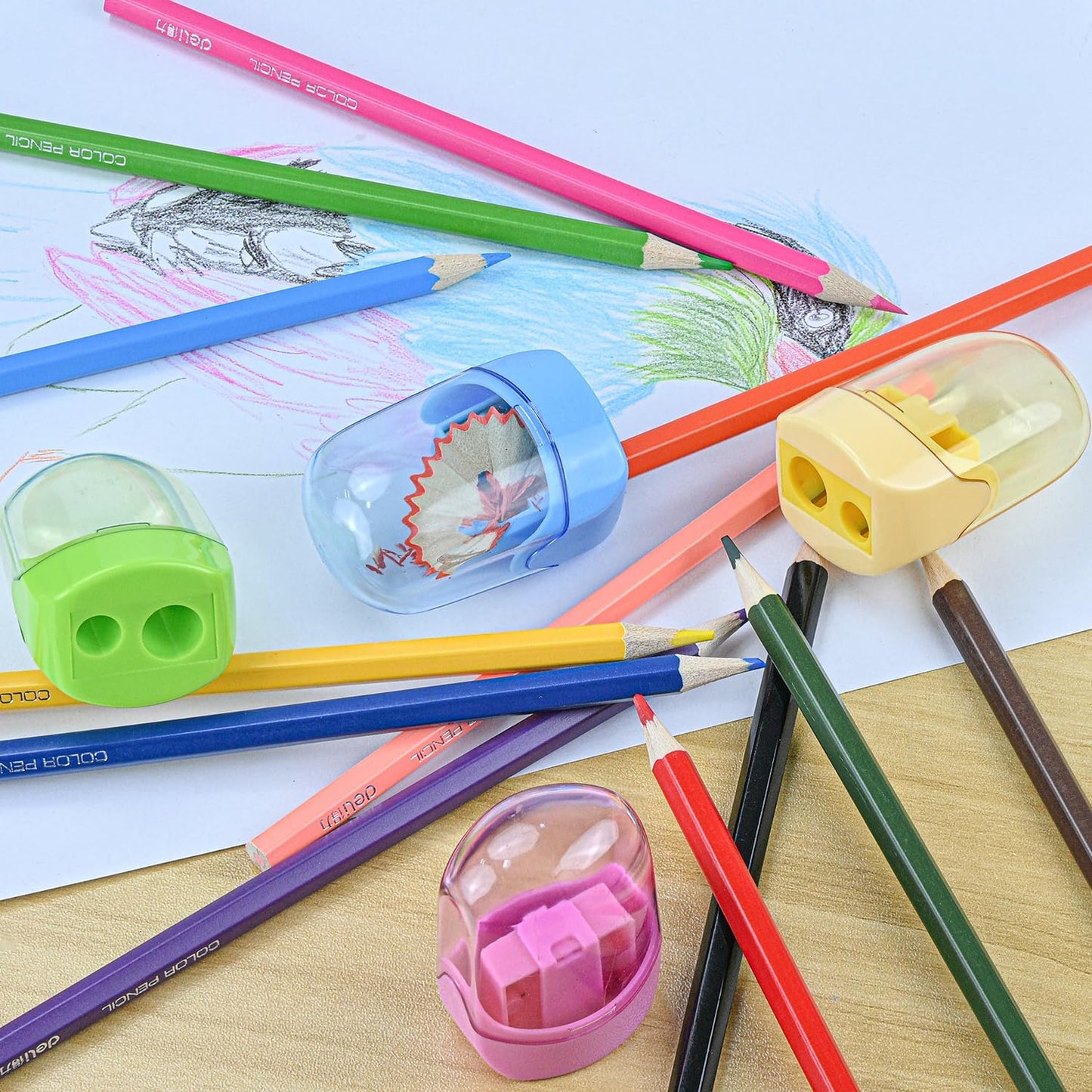 Colored Manual Pencil Sharpeners in Bulk, BOPART 24pcs Small Handheld Pencil Sharpener Dual Holes with Lid for Kids Adults at Classroom School Office Home (24Pcs Sharpeners - D)