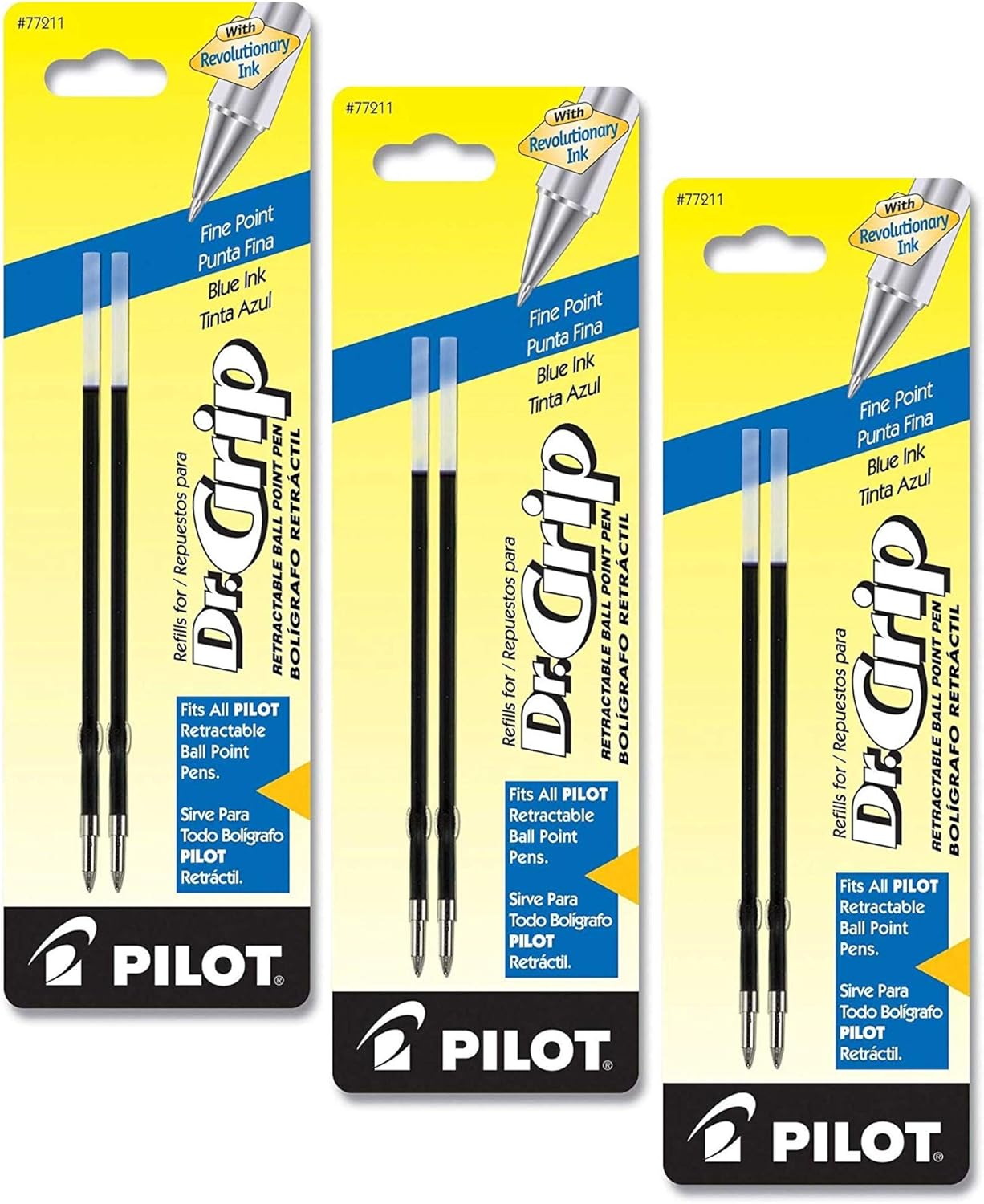 PILOT Dr. Grip Ballpoint Ink Refills for Retractable Pens, Fine Point, Blue Ink, 6 Refills (77211)