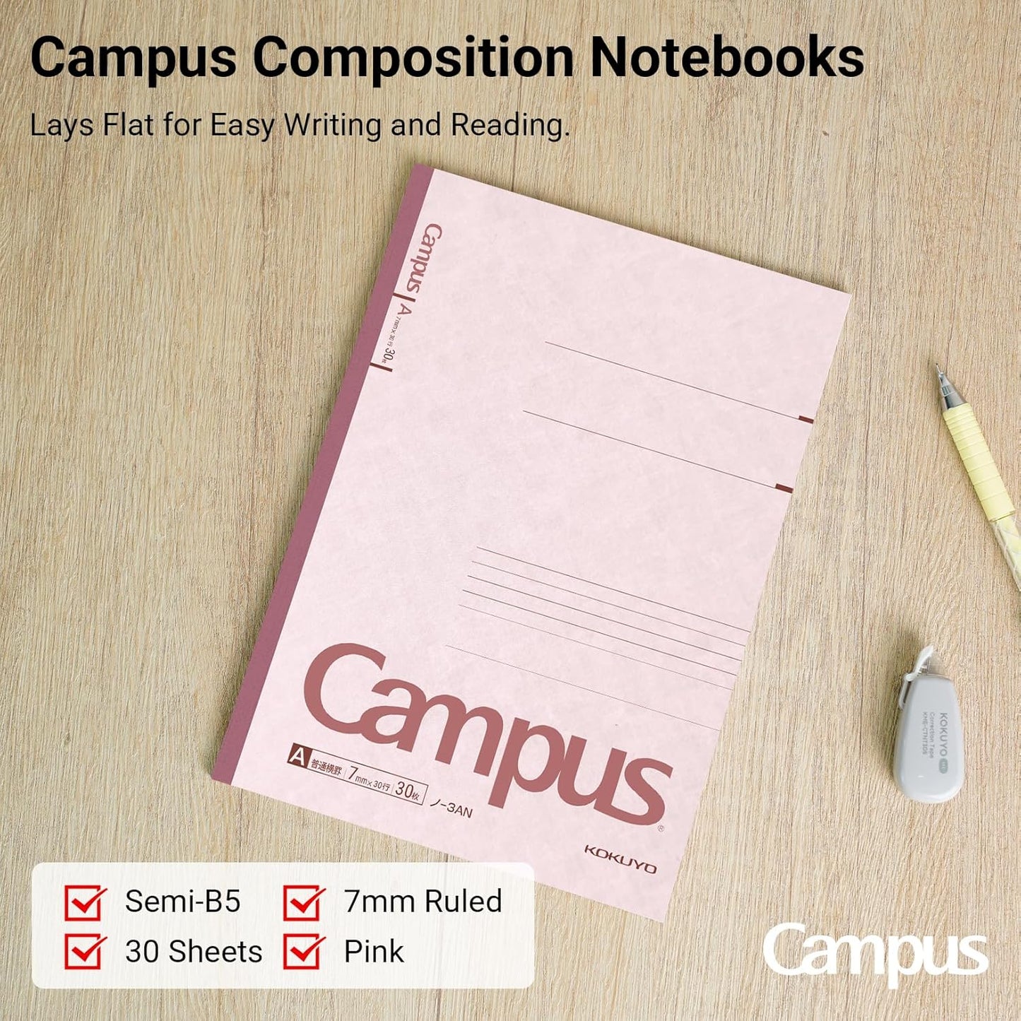 KOKUYO Campus Composition Notebook, 7 x 10 inch Lined Notebooks with 30 Sheets 7mm Ruled Paper, 10 Pack B5 Pink Notebook for School and Work, School Supplies Comp Book for Journal Diary, Japan Import