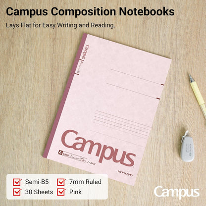 KOKUYO Campus Composition Notebook, 7 x 10 inch Lined Notebooks with 30 Sheets 7mm Ruled Paper, 10 Pack B5 Pink Notebook for School and Work, School Supplies Comp Book for Journal Diary, Japan Import