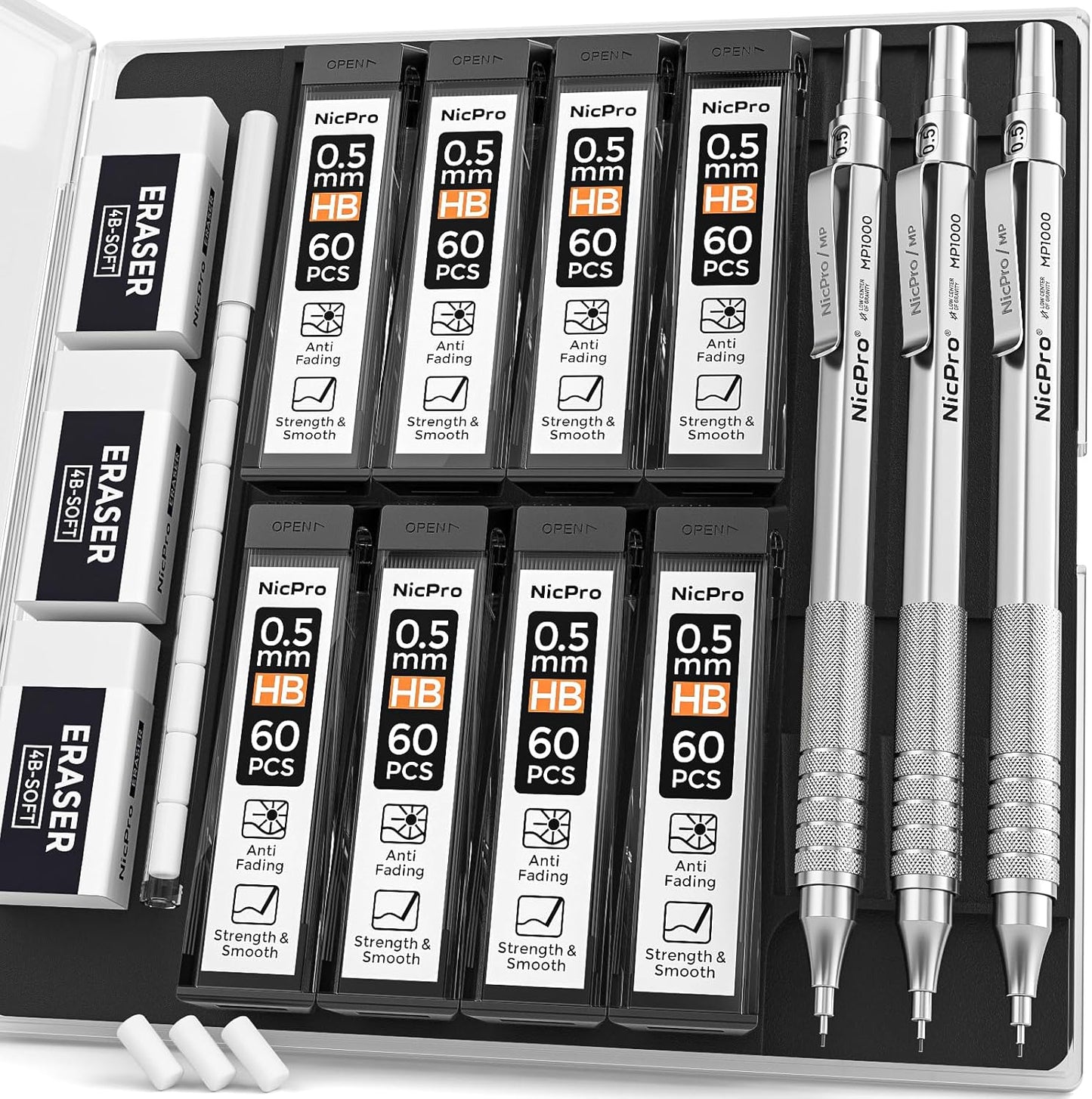Nicpro 0.5 mm Mechanical Pencils Set with Case, 3 Metal Artist Pencil With 480PCS HB Lead Refills, 3 Erasers,9 Eraser Refills For Architect Art Writing Drafting, Drawing, Engineering, Sketching, Black