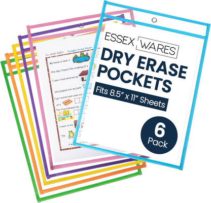 Essex Wares - 6 Pack, Assorted, Dry Erase Pocket Document Protectors, 10" Wide x 13.5" Tall- Dry Erase Clear Plastic Sleeves - Reusable & Easy Erase Plastic Invoice Holders, Water-Resistant & Durable
