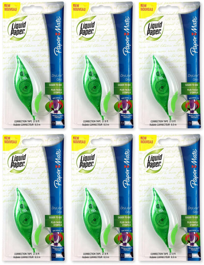 Paper Mate 660415 Liquid Paper DryLine Grip Correction Tape Dispenser, Pack of 6, Transparent Green Body, 1/5 inches Wide x 27.8 feet Long White Tape - Applies Dry, Rewrite Instantly - Swivel Tip