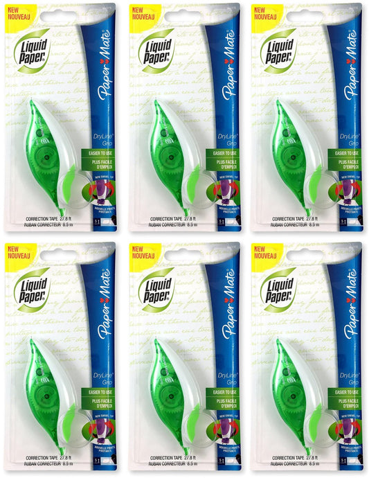 Paper Mate 660415 Liquid Paper DryLine Grip Correction Tape Dispenser, Pack of 6, Transparent Green Body, 1/5 inches Wide x 27.8 feet Long White Tape - Applies Dry, Rewrite Instantly - Swivel Tip