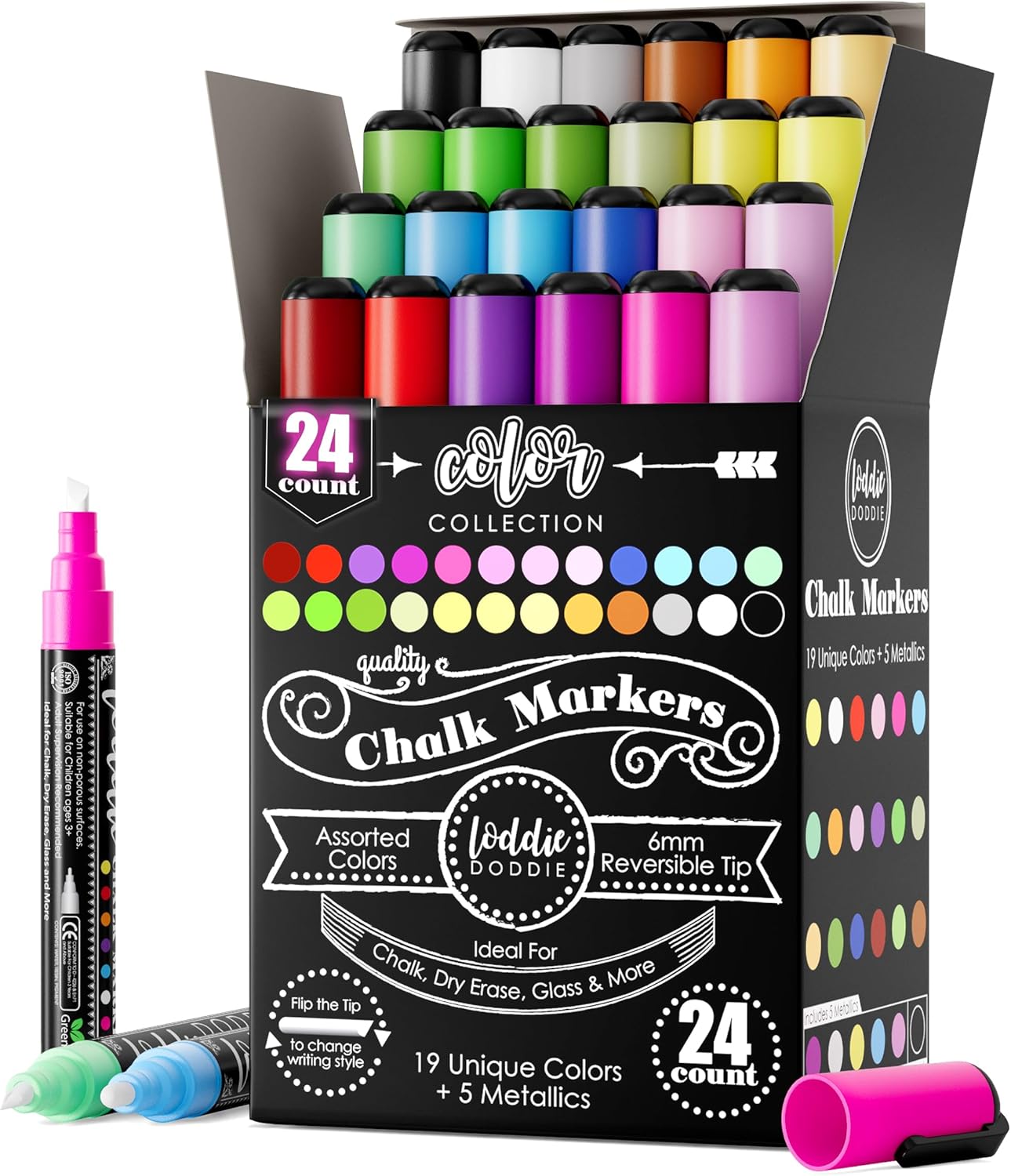 Loddie Doddie Chalk Markers - Pack of 24, 6mm Reversible Tips - Liquid Chalk Pens for Glass Surfaces & Windows - Erasable Pens for Chalkboard Calendar - Non-Toxic Chalkboard Markers