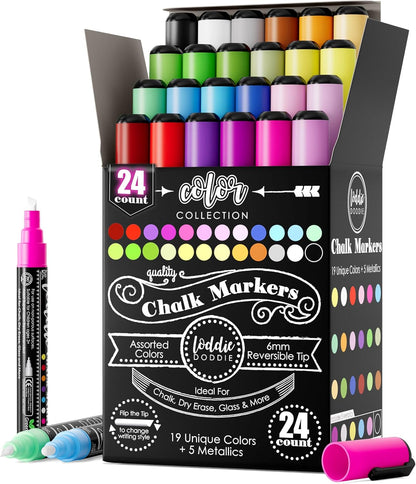 Loddie Doddie Chalk Markers - Pack of 24, 6mm Reversible Tips - Liquid Chalk Pens for Glass Surfaces & Windows - Erasable Pens for Chalkboard Calendar - Non-Toxic Chalkboard Markers