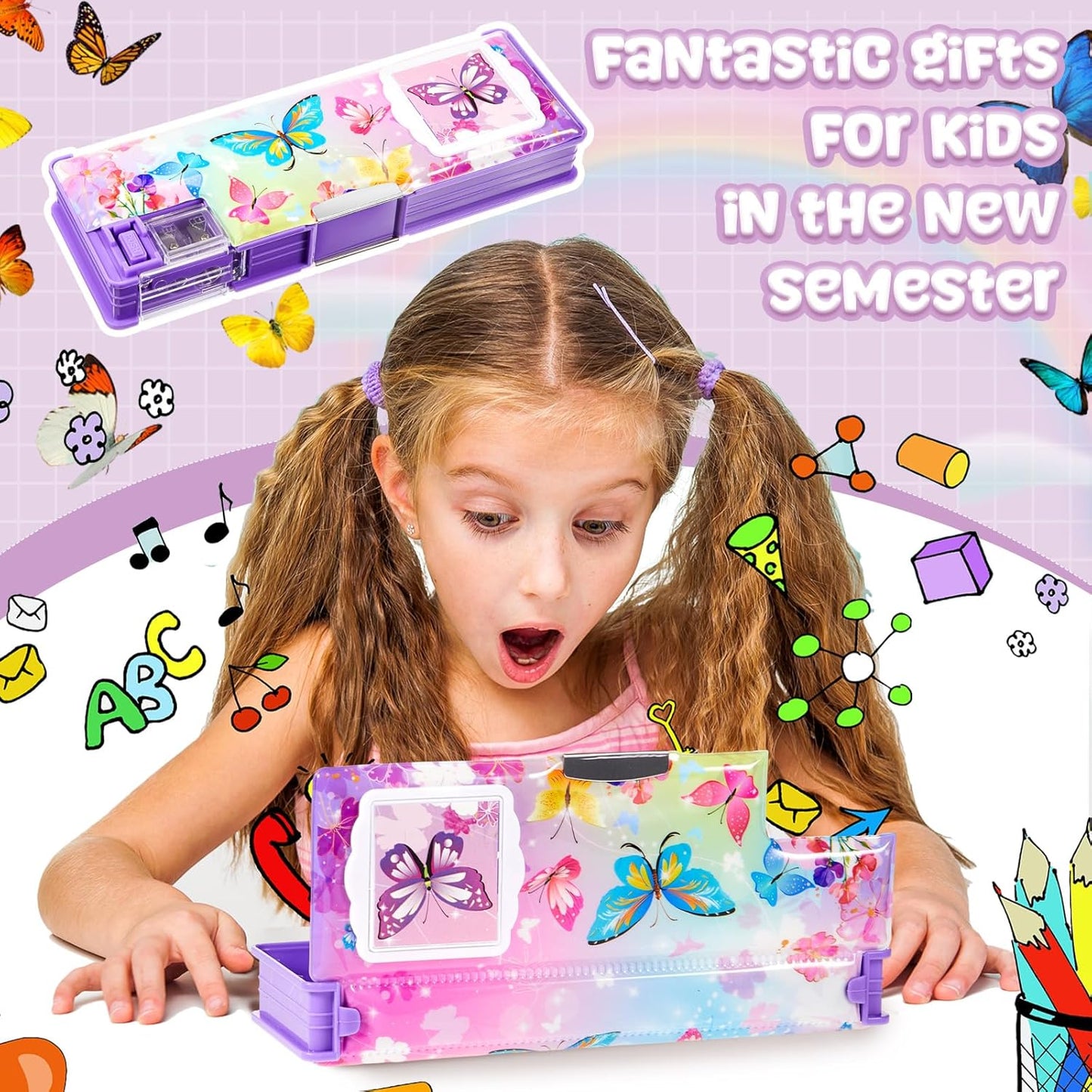 Henoyso Multifunctional Pencil Box for Girls Butterfly Pencil Case with Calculator and Sharpener Cool Cute Pencilcase School Supplies Essentials Christmas Birthday Gift Present for Kids Teens
