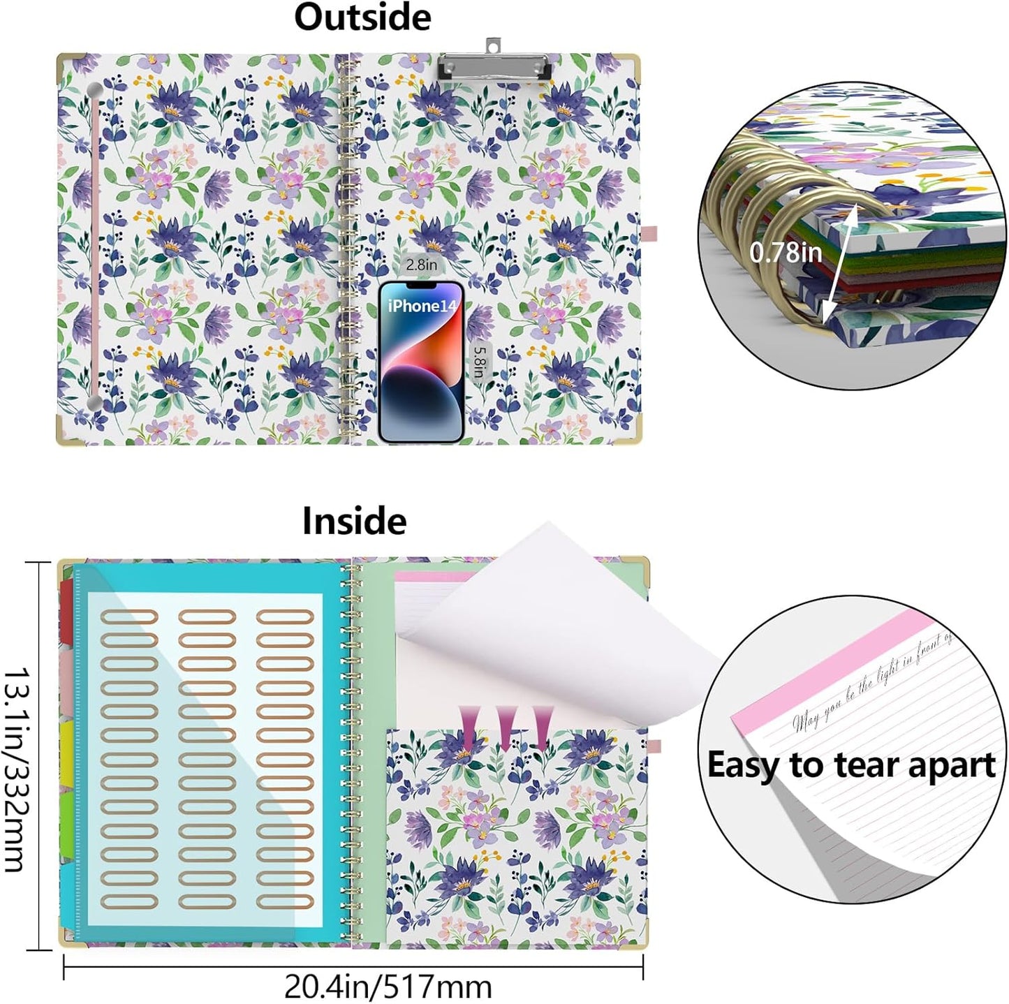 Foldable Clipboard Folio with Storage, 5 Plastic Folders with 10 Pockets,Refillable Lined Notepad (11" x 8.5"), Hardcover Project Organizer Nursing Teacher School Essentials