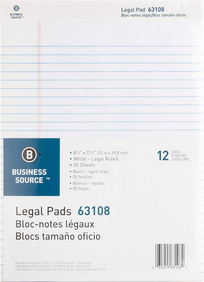 Business Source Micro-Perforated Legal Ruled Pads, Canary Paper, 8-1/2"x11-3/4" (63105) - Pack of 12