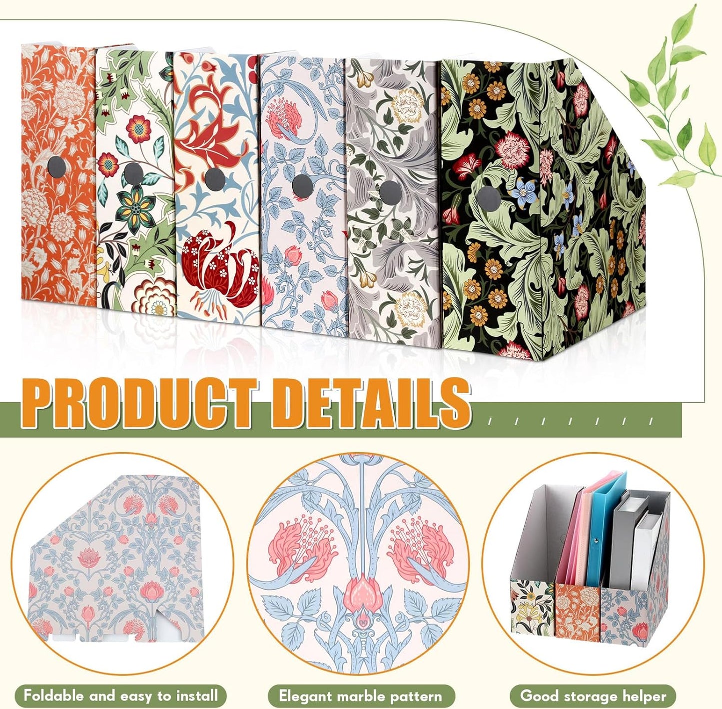 PerKoop 6 Pcs Decorative Magazine File Holders Floral Foldable File Folders Magazine Storage Boxes Rack Desk Organizer Documents with Printable Labels for School Office Home (Floral)
