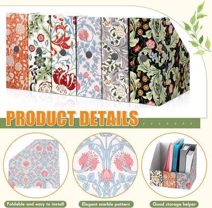 PerKoop 6 Pcs Decorative Magazine File Holders Floral Foldable File Folders Magazine Storage Boxes Rack Desk Organizer Documents with Printable Labels for School Office Home (Floral)