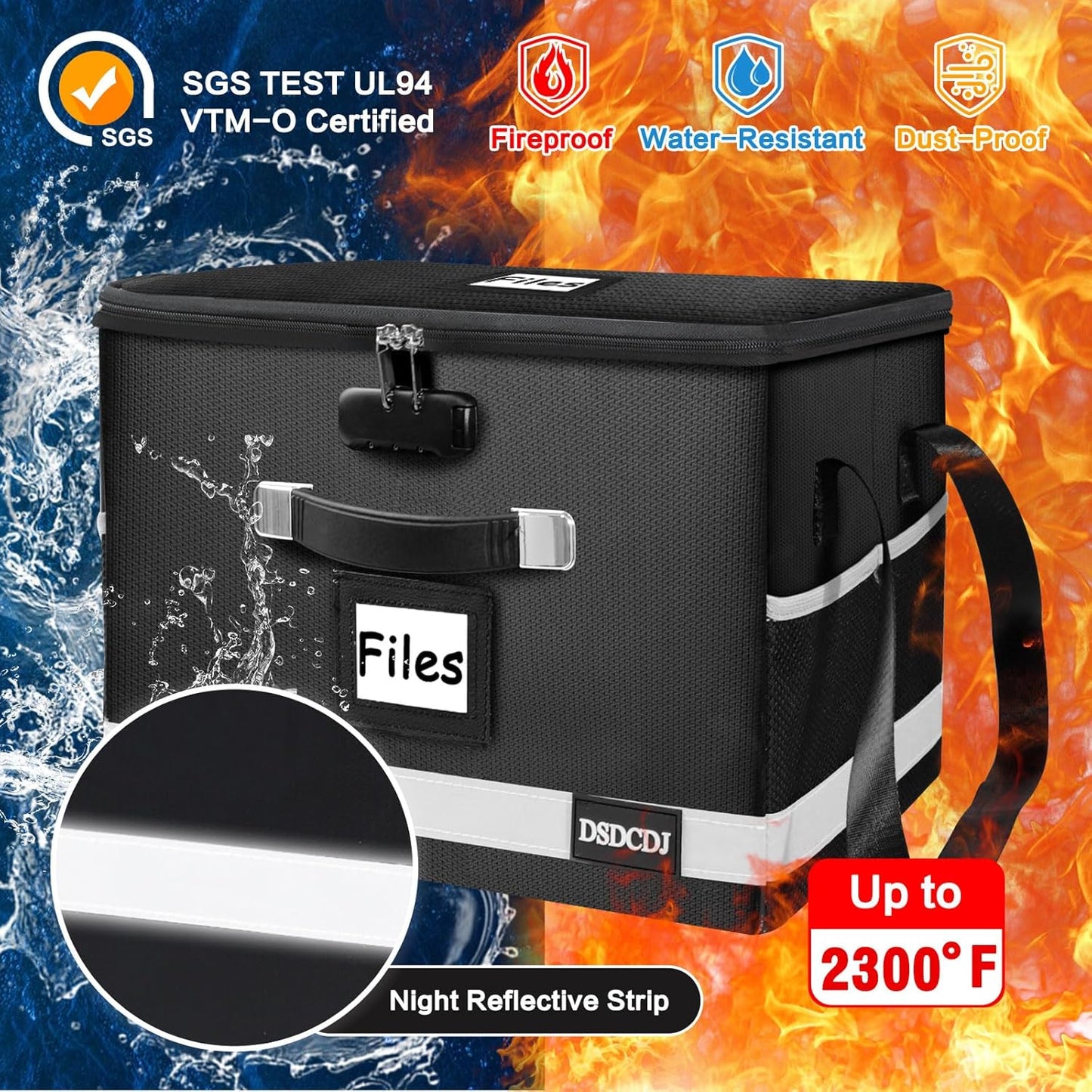 File Box with Lock - Portable File Organizer Box with Handle, Sturdy Important Document Organizer with Label, Slide, Reflective Strip for Hanging Letter/Legal Folder